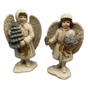 8" Tall Christmas Angel‎ Figurine Off-White Victorian Crackle Glaze Glitter